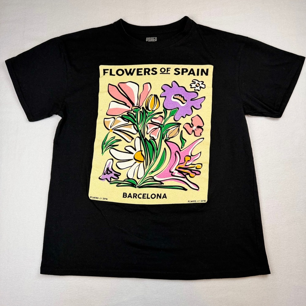 Brisco Brands Flowers of Spain Barcelona Graphic T-Shirt Black Large Floral Tee